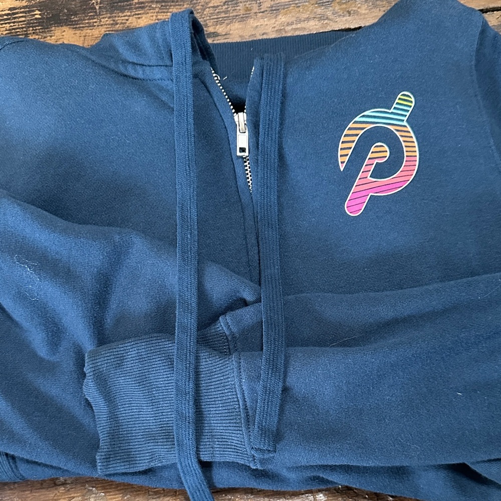 Peloton Navy Hoodie with Rainbow Stripe Logo
